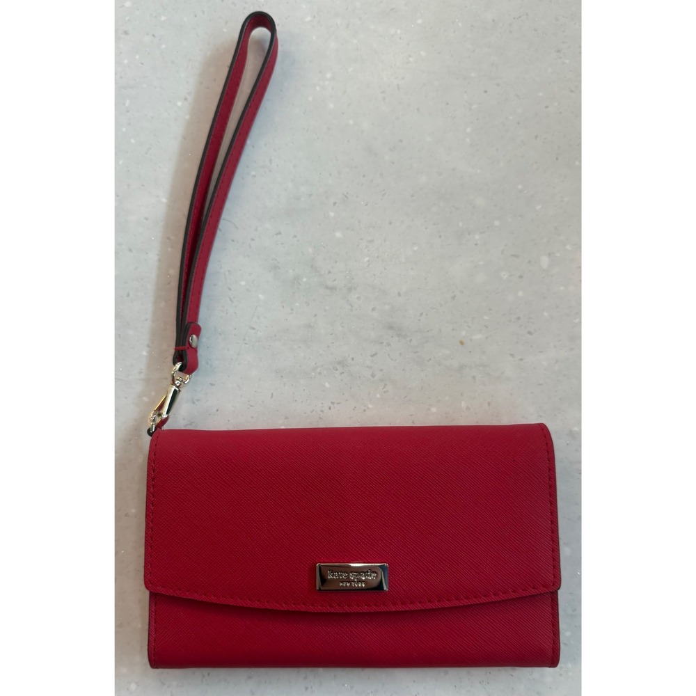 Kate Spade New York Red Saffiano Leather Wristlet Wallet Snap Closure